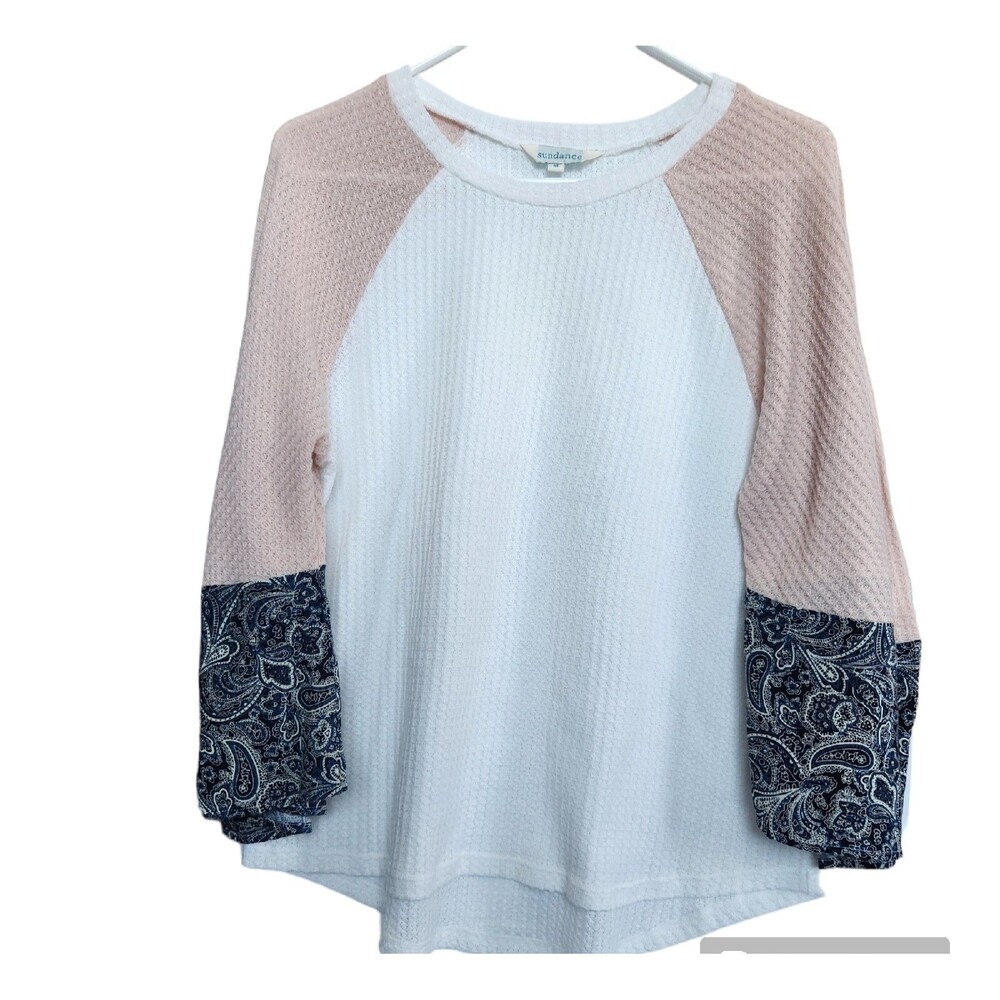 Sundance Boho Waffle Knit Tunic M Blue Paisley Bell Sleeves Romantic Artesian